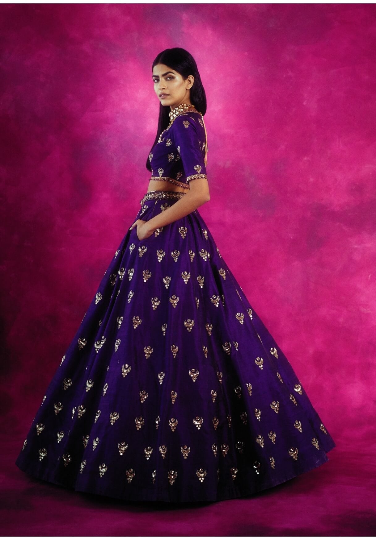 Purple Chand Boota Crop Top Skirt Set