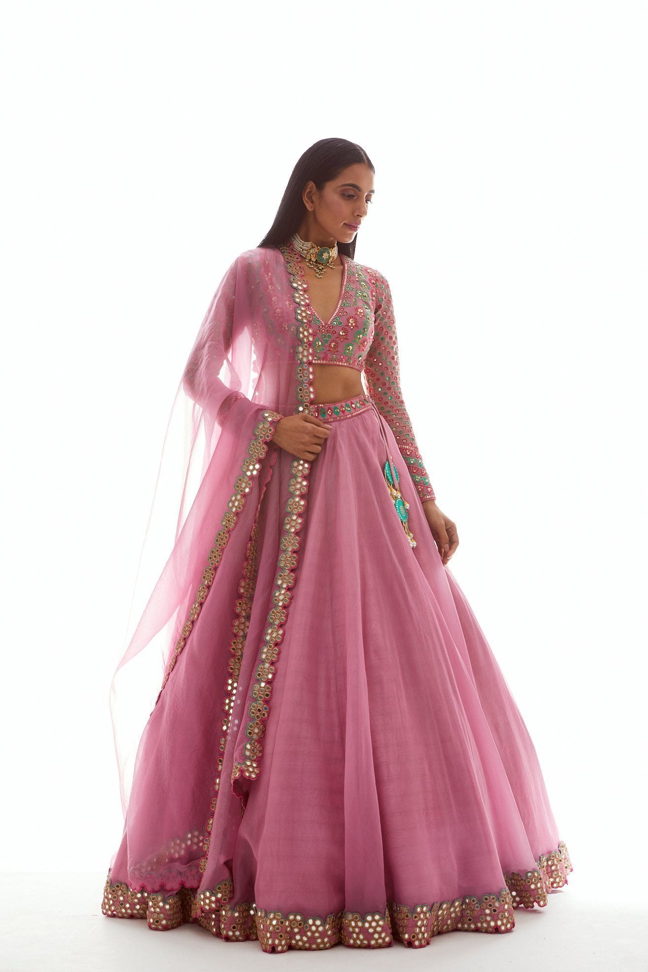 Dull Pink Applique Organza Lehenga Set