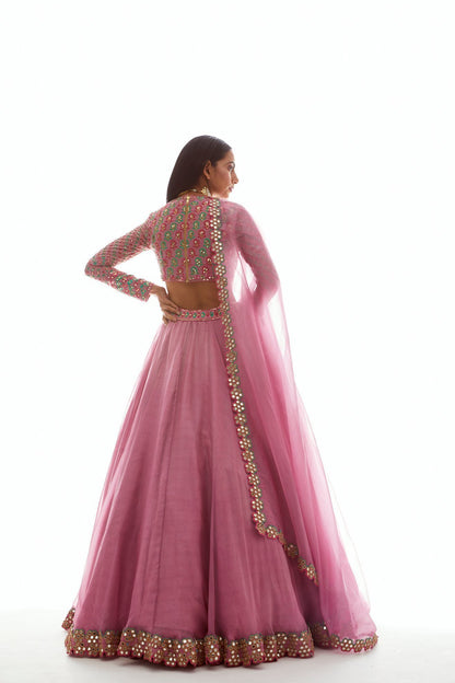 Dull Pink Applique Organza Lehenga Set