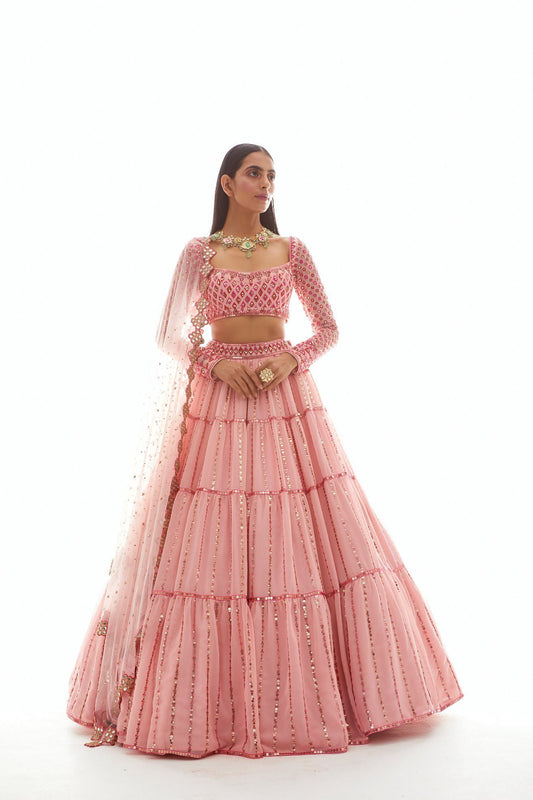 Peach Applique Tier Lehenga Set