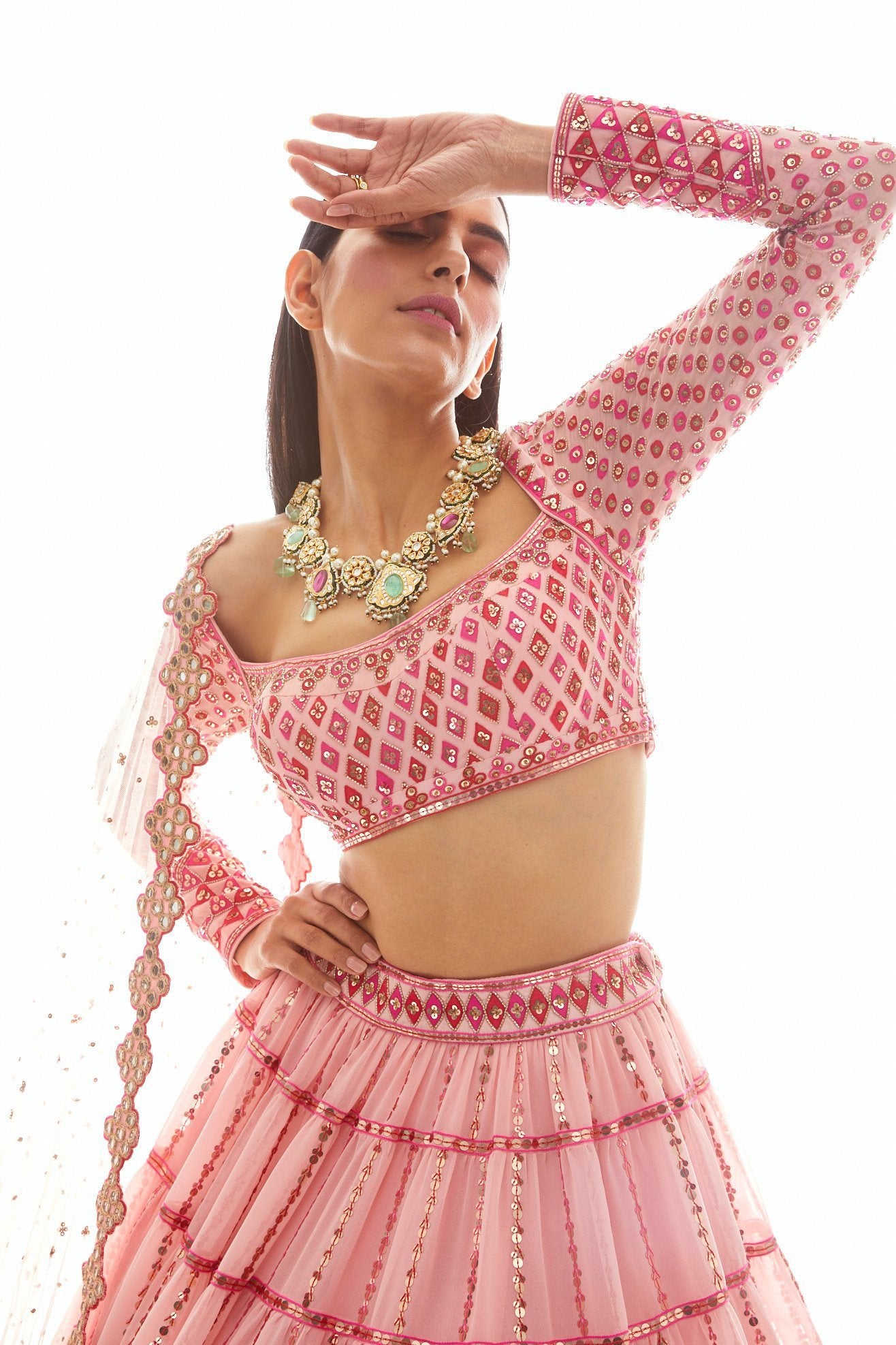 Peach Applique Tier Lehenga Set