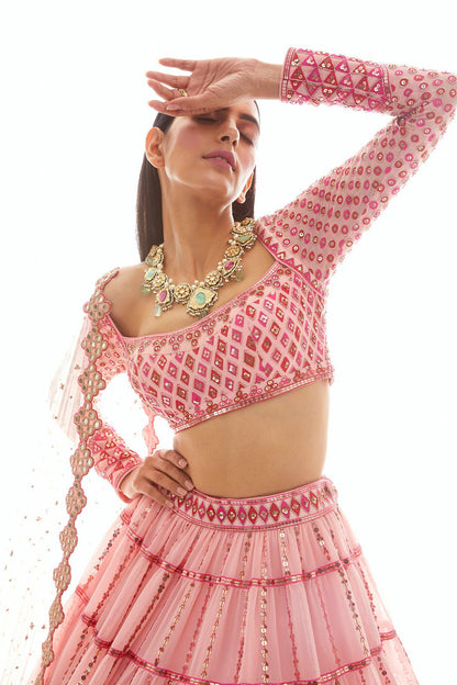Peach Applique Tier Lehenga Set