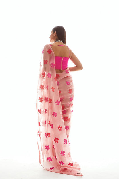 Dusty Rose Applique Organza Saree Set