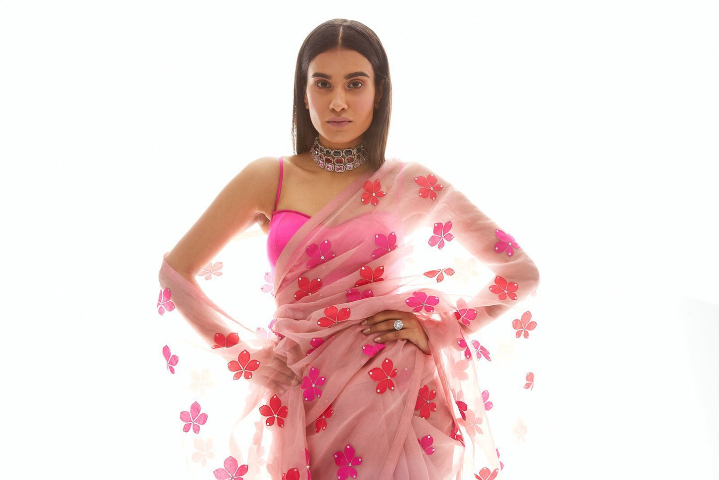 Dusty Rose Applique Organza Saree Set
