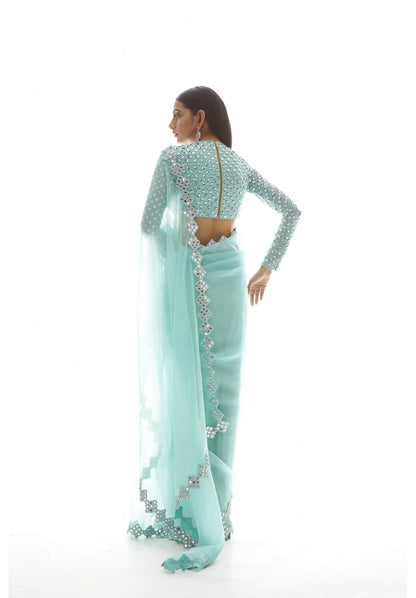 Biscay Green Organza Mirror Border Saree Set