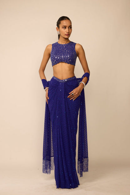 Cocktail Blue Sequins Embroidered Draped Skirt Set