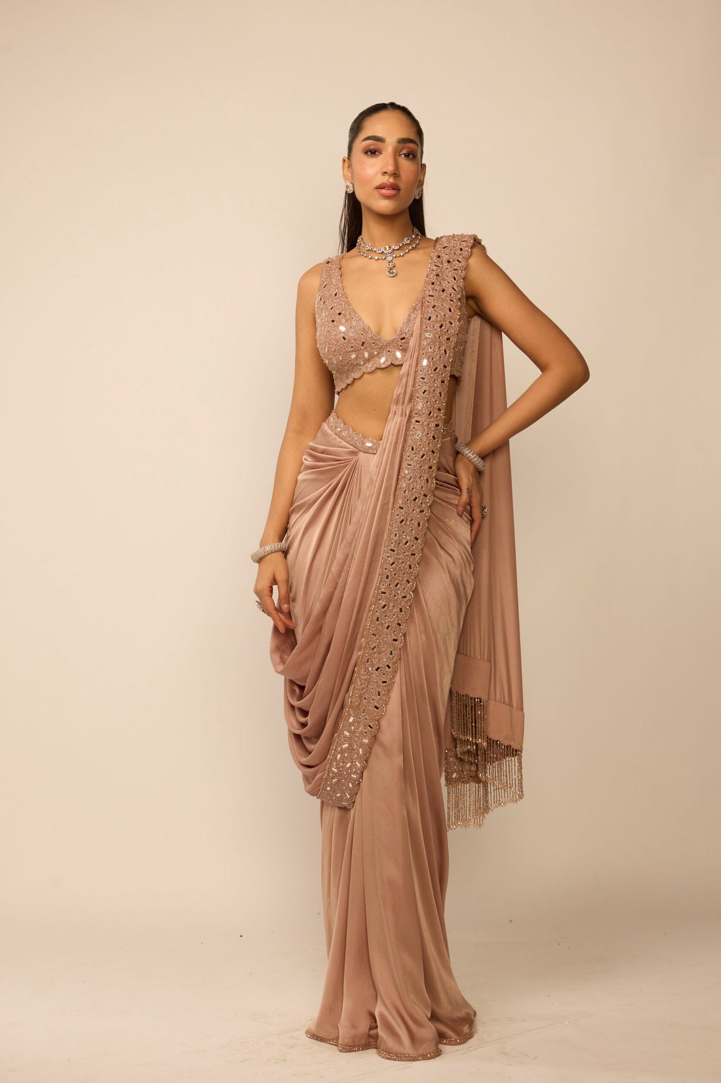 Bronze Rosé Satin Draped Saree Set