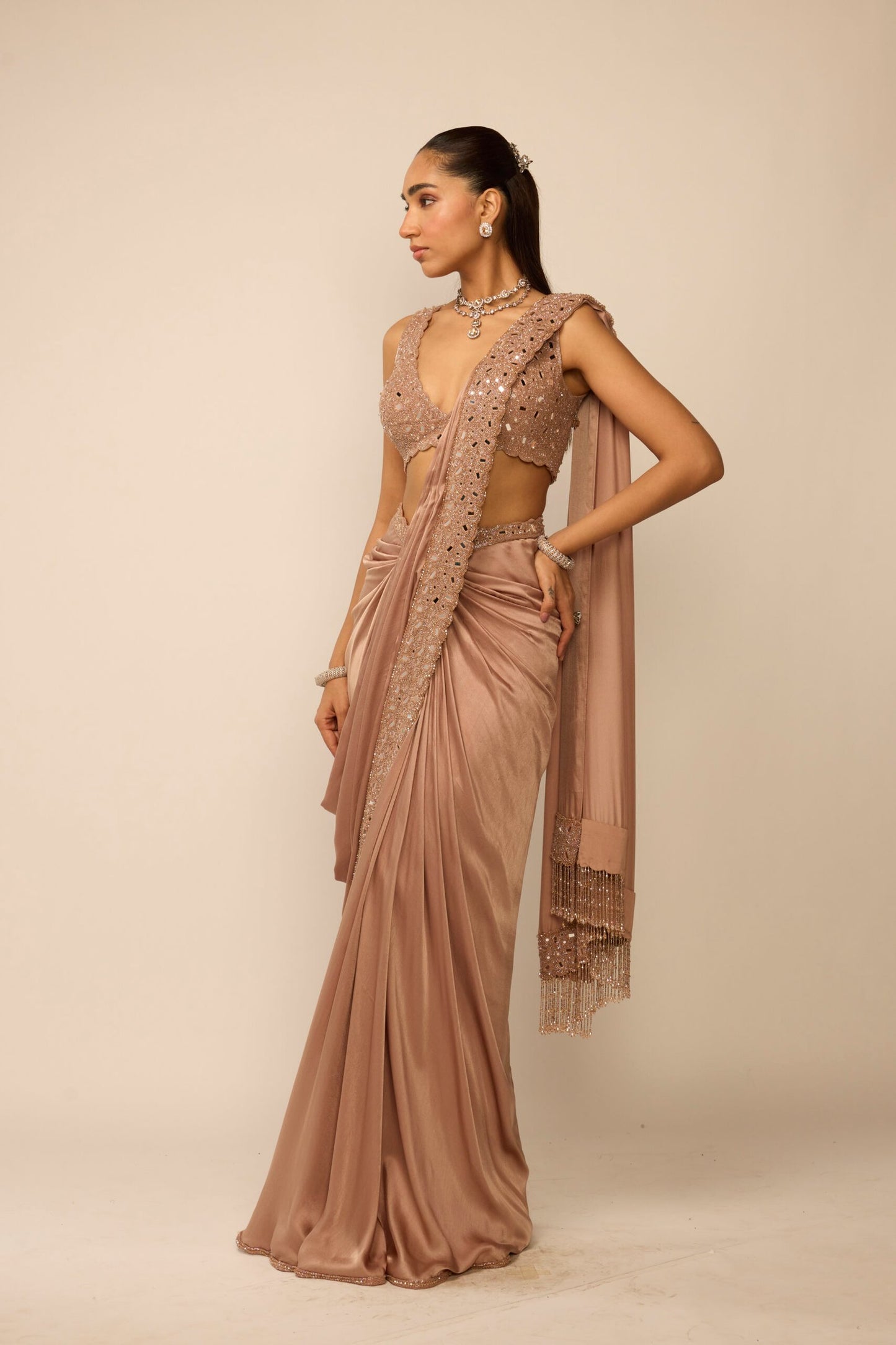 Bronze Rosé Satin Draped Saree Set