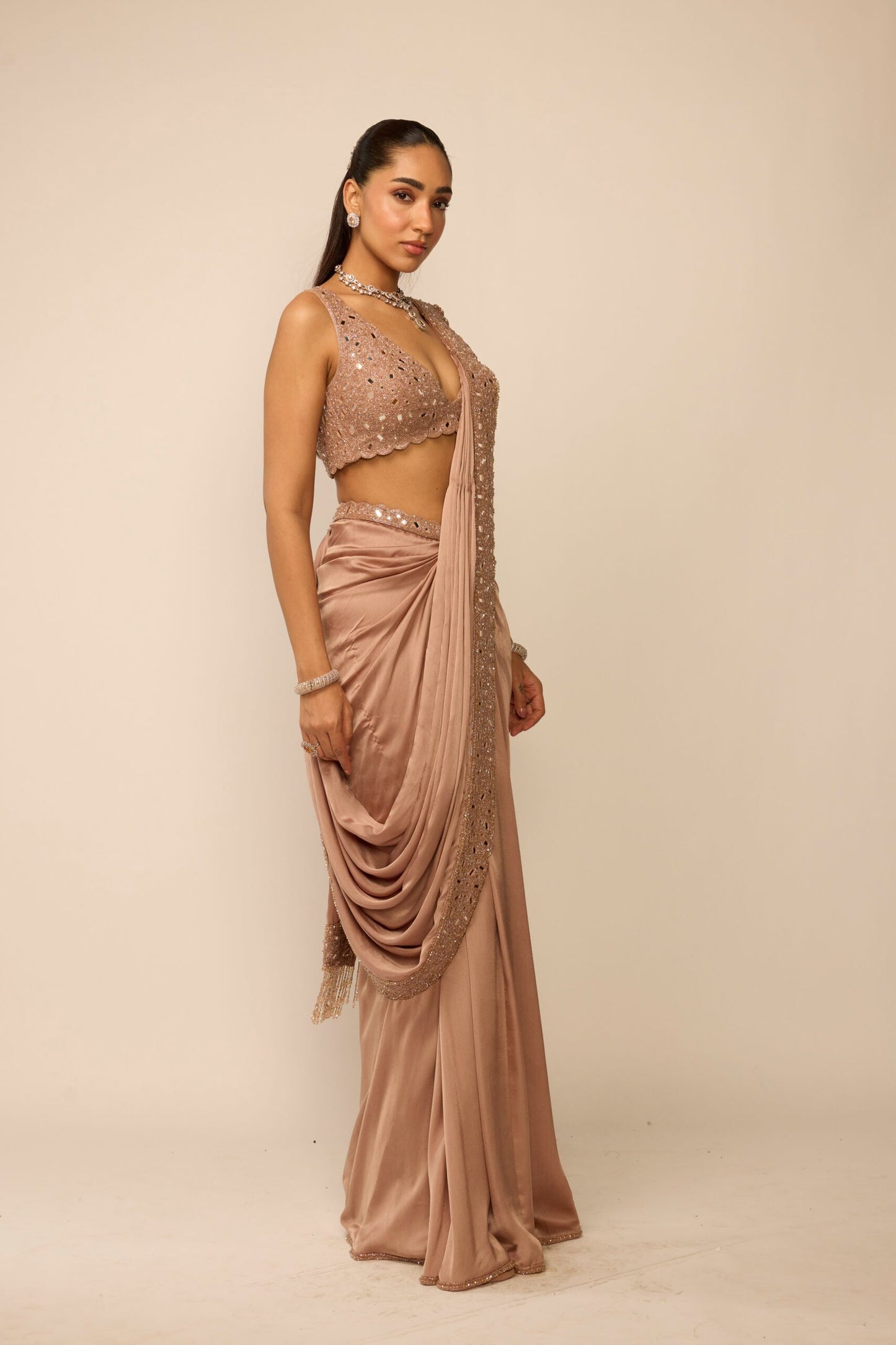 Bronze Rosé Satin Draped Saree Set