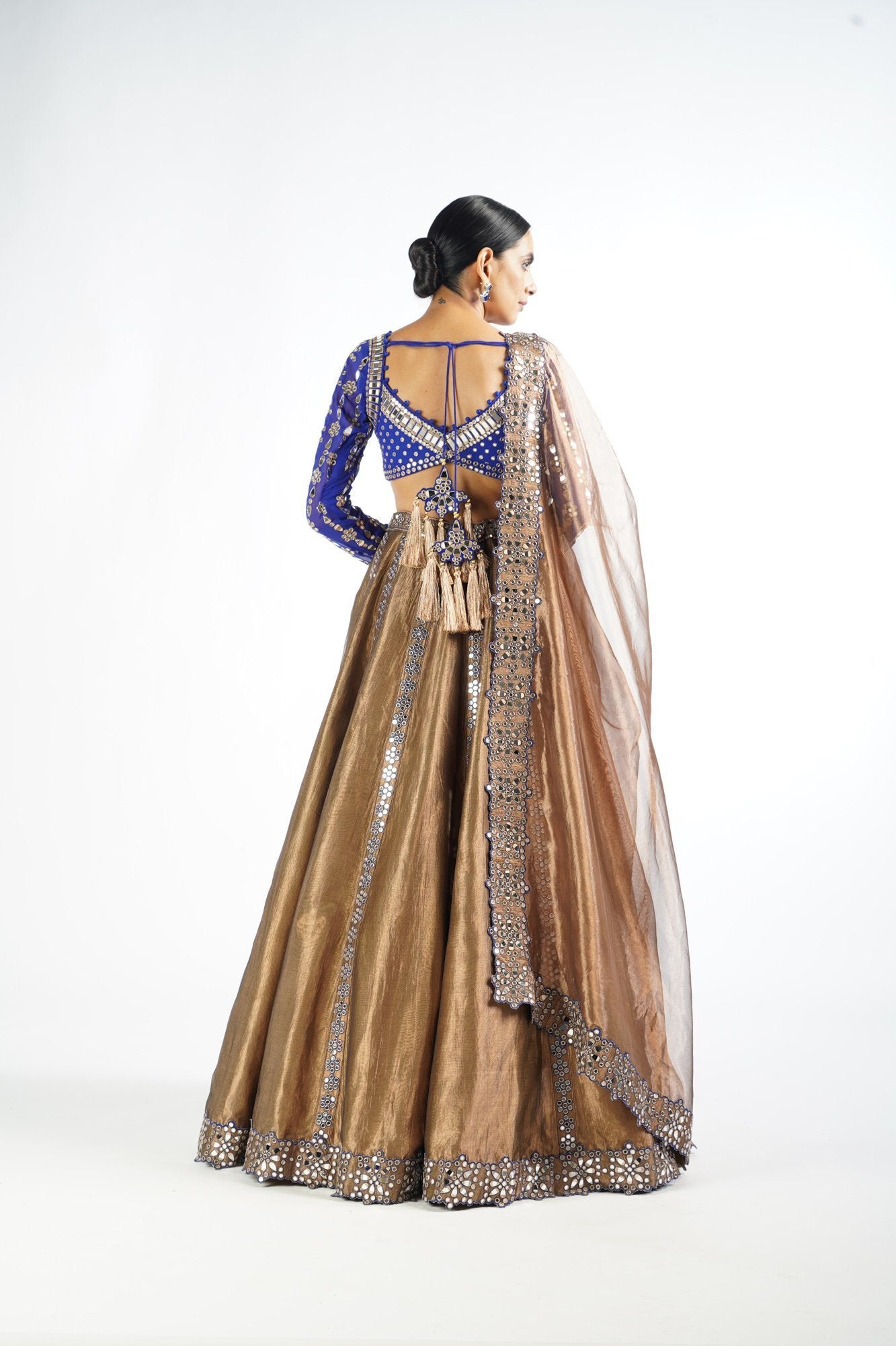 Royal Blue And Copper Shimmer Organza Lehenga Set