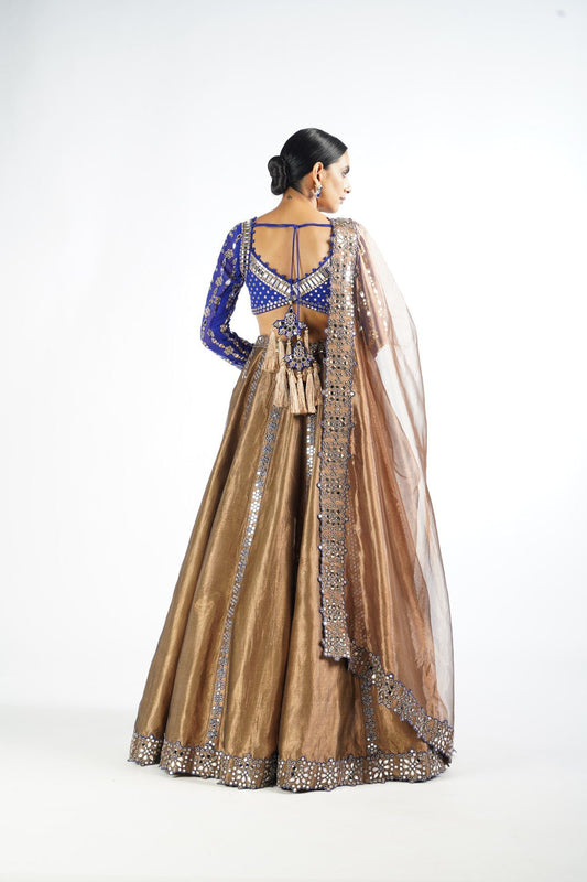 Royal Blue And Copper Shimmer Organza Lehenga Set