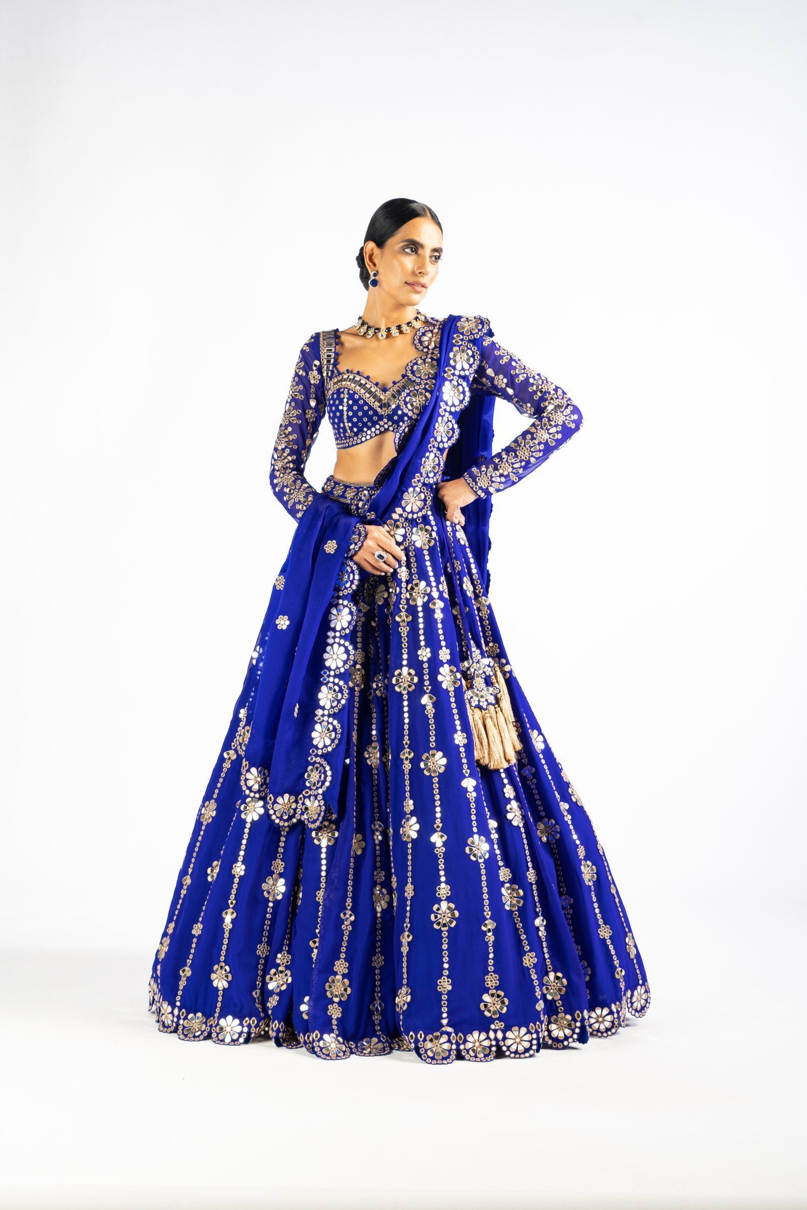 Royal Blue Big Flower Linear Lehenga Set