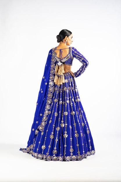 Royal Blue Big Flower Linear Lehenga Set