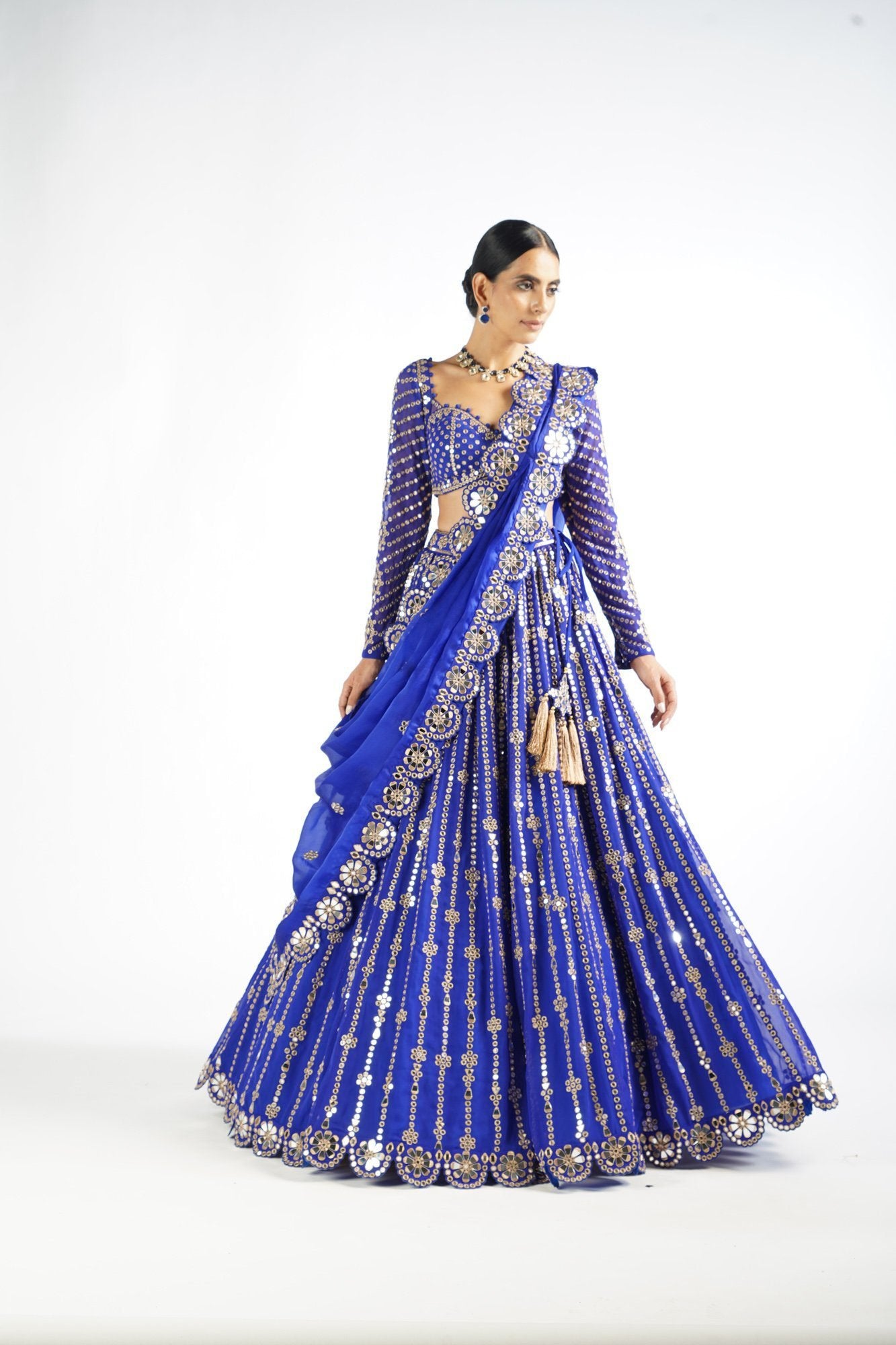 Royal Blue Small Flower Linear Lehenga Set
