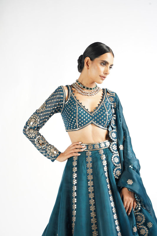 Dark Teal Flower Linear Lehenga Set