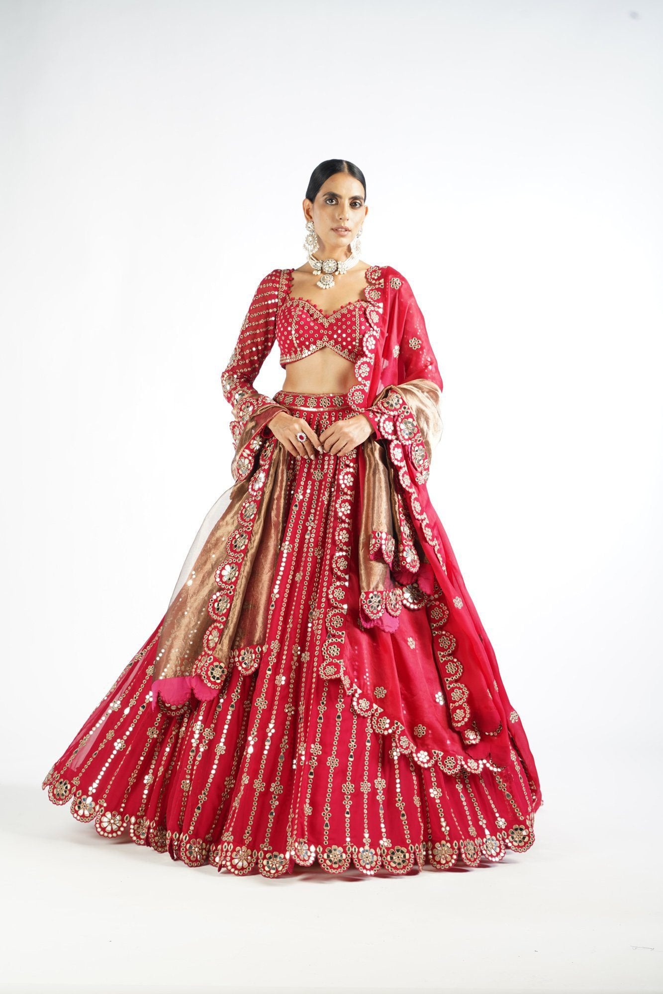 Crimson Red Small Flower Linear Lehenga Set