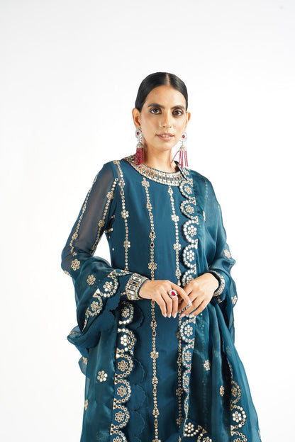 Dark Teal Embellished Pant Kurta Set