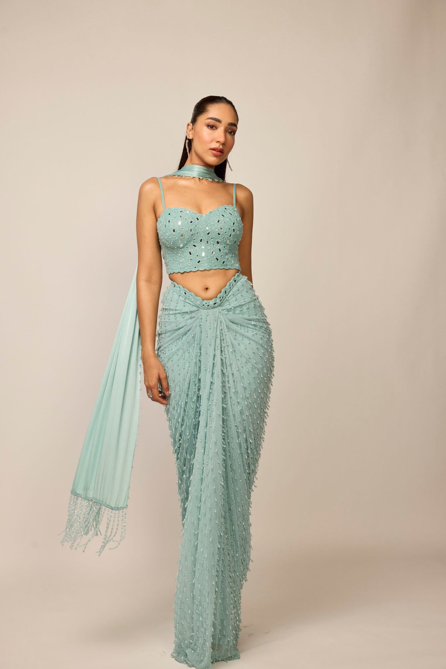 Powder Blue Single Drop Draped Skirt Set
