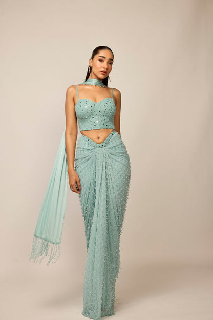 Powder Blue Single Drop Draped Skirt Set