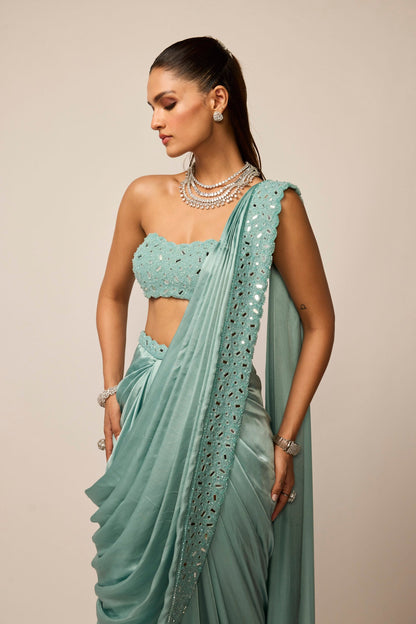 Powder Blue Satin Draped Saree Set