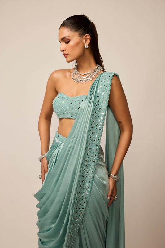 Powder Blue Satin Draped Saree Set