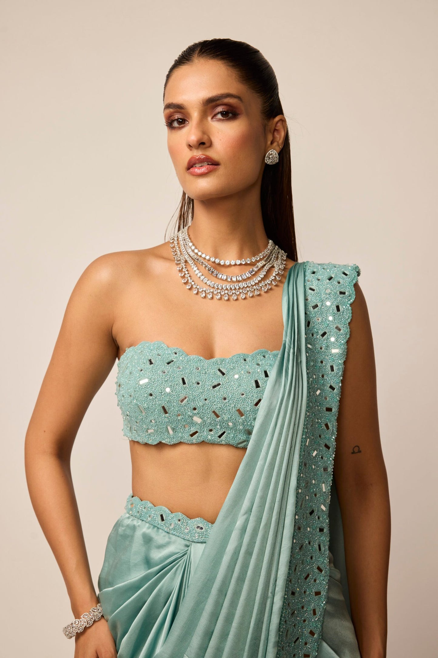 Powder Blue Satin Draped Saree Set