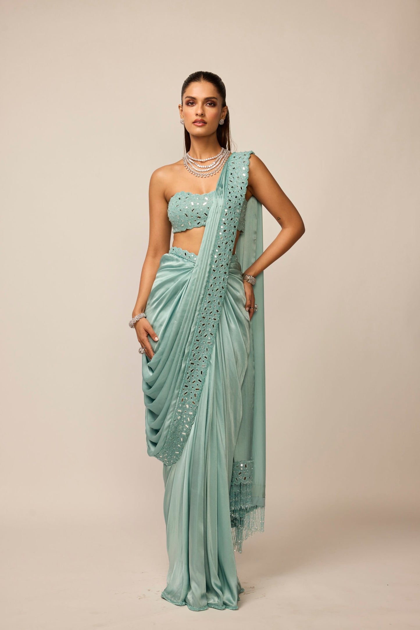 Powder Blue Satin Draped Saree Set