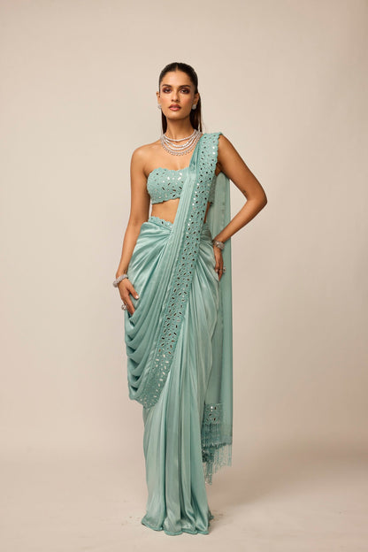 Powder Blue Satin Draped Saree Set