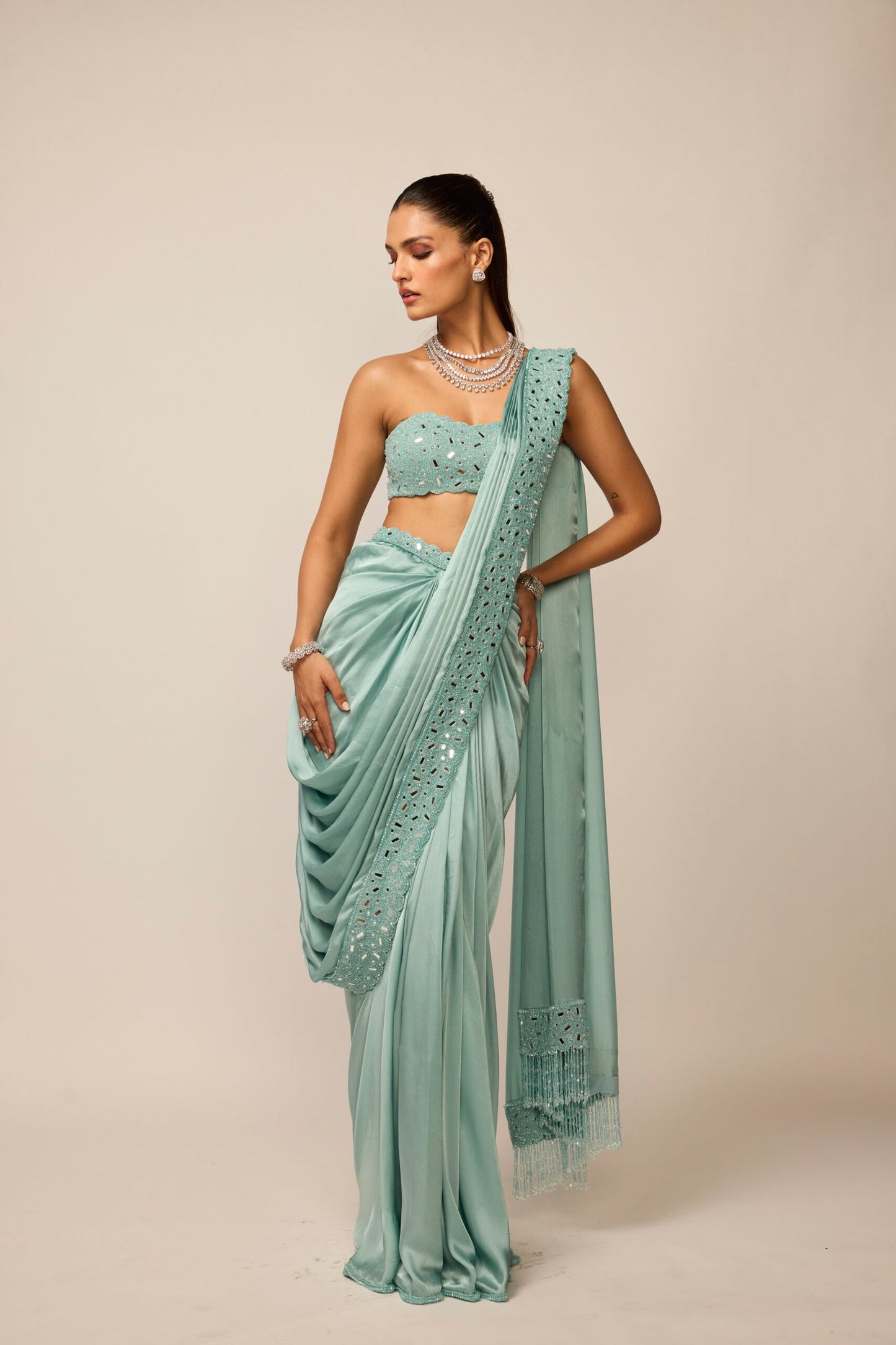 Powder Blue Satin Draped Saree Set