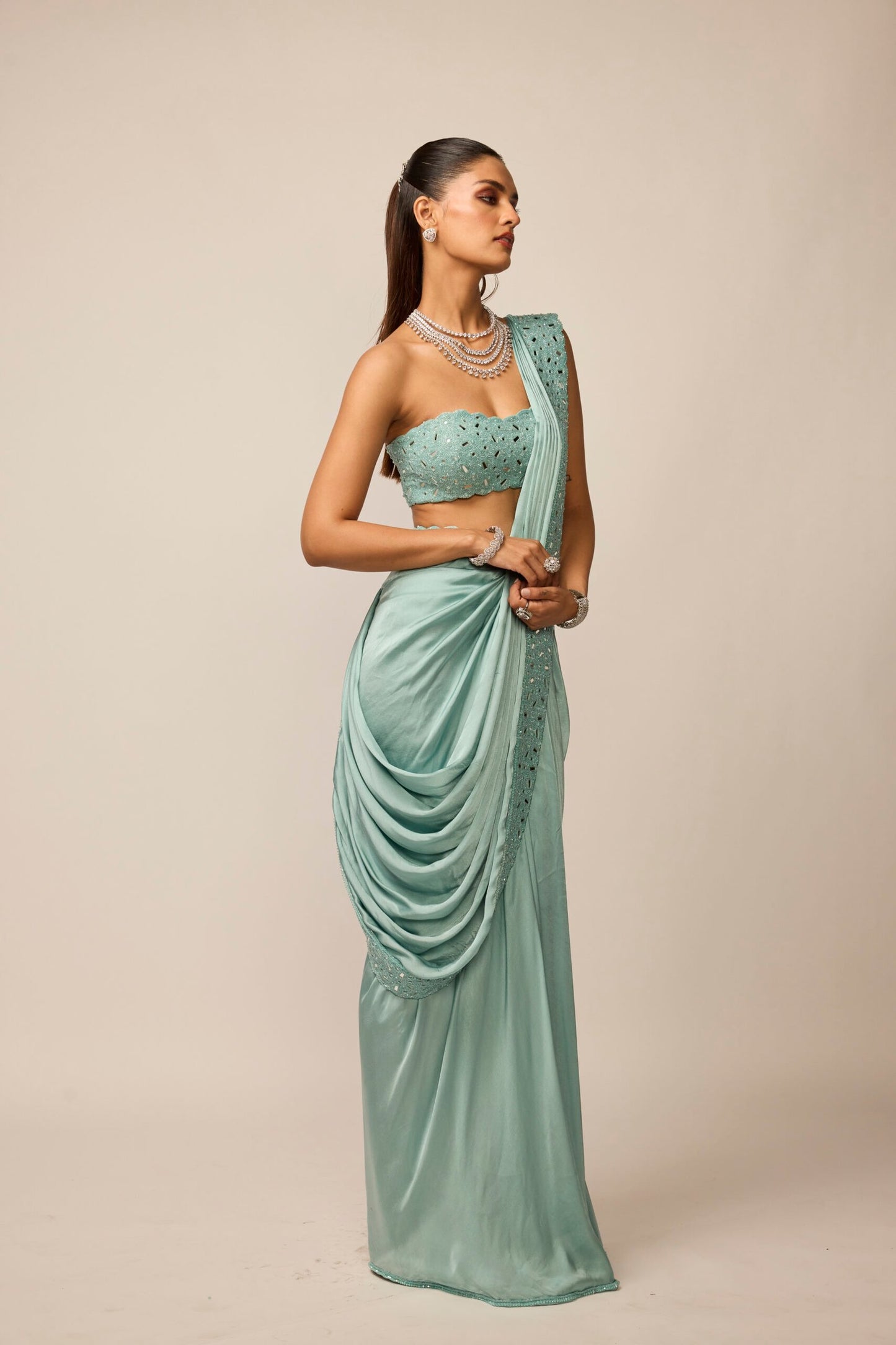 Powder Blue Satin Draped Saree Set
