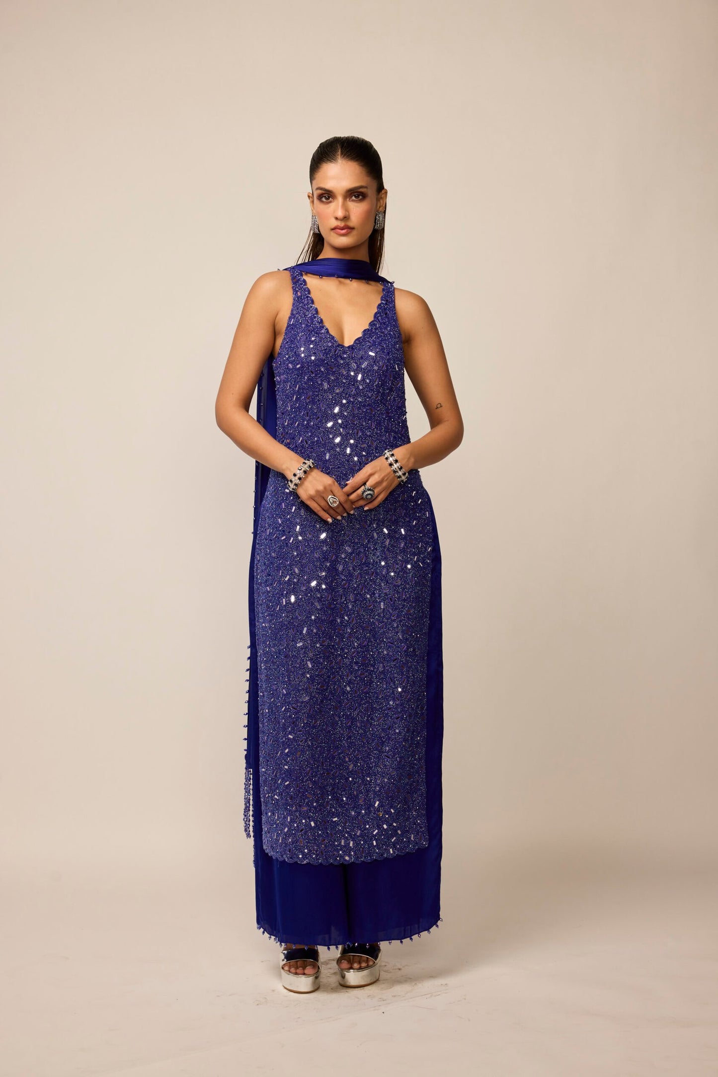 Cocktail Blue V Neck Kurta Set