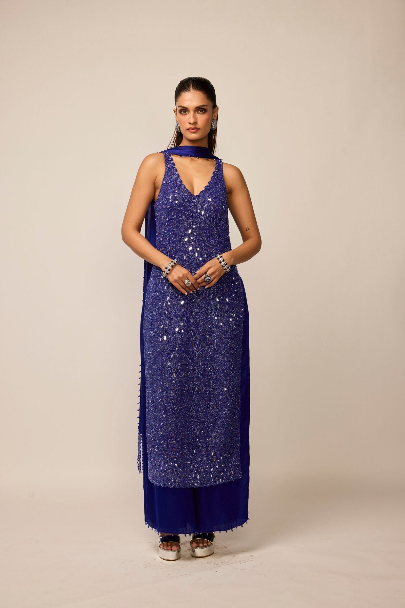 Cocktail Blue V Neck Kurta Set