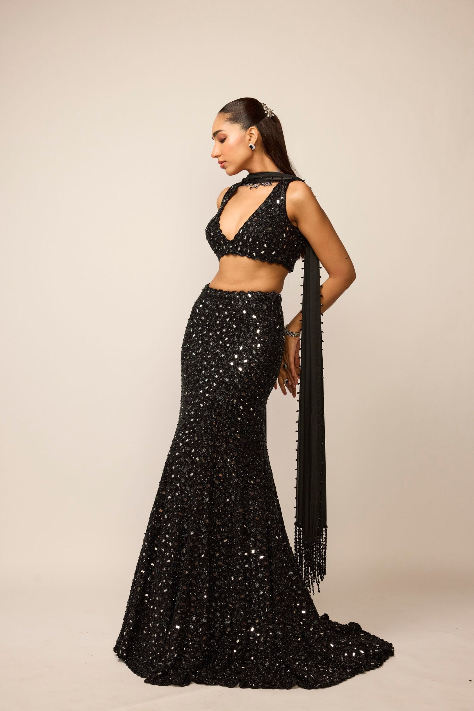 Black Fishcut Lehenga Set