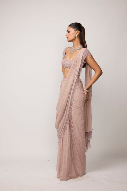 Ash Pink Sequins Embroidered Draped Saree Set