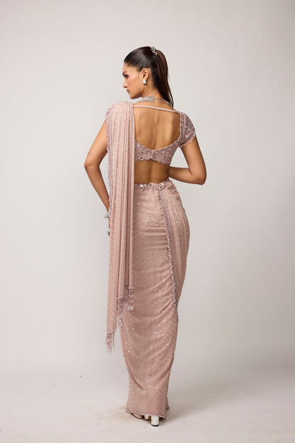 Ash Pink Sequins Embroidered Draped Saree Set