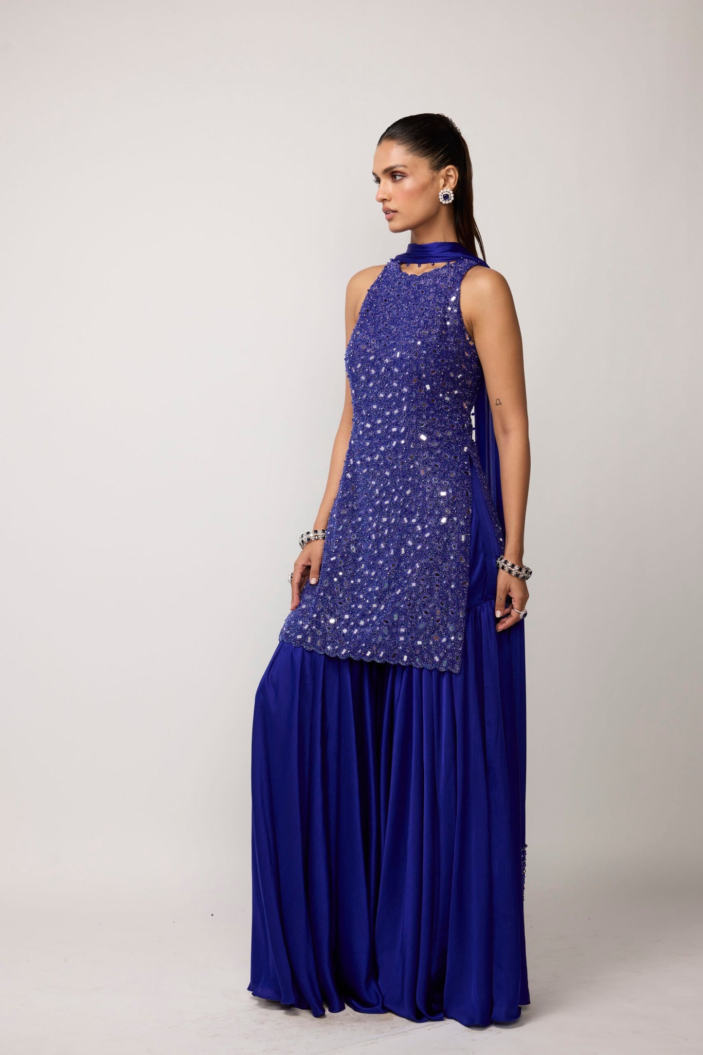Cocktail Blue Satin Sharara Set