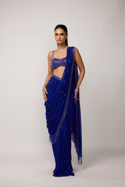 Cocktail Blue Sequins Embroidered Saree Set