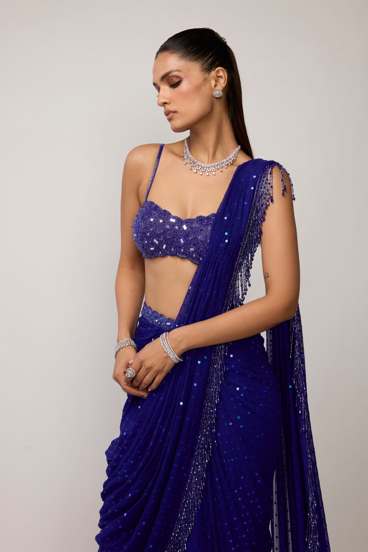 Cocktail Blue Sequins Embroidered Saree Set