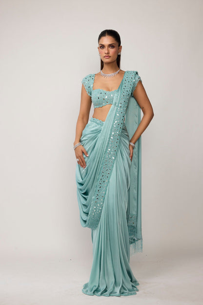 Powder Blue Draped Saree Set