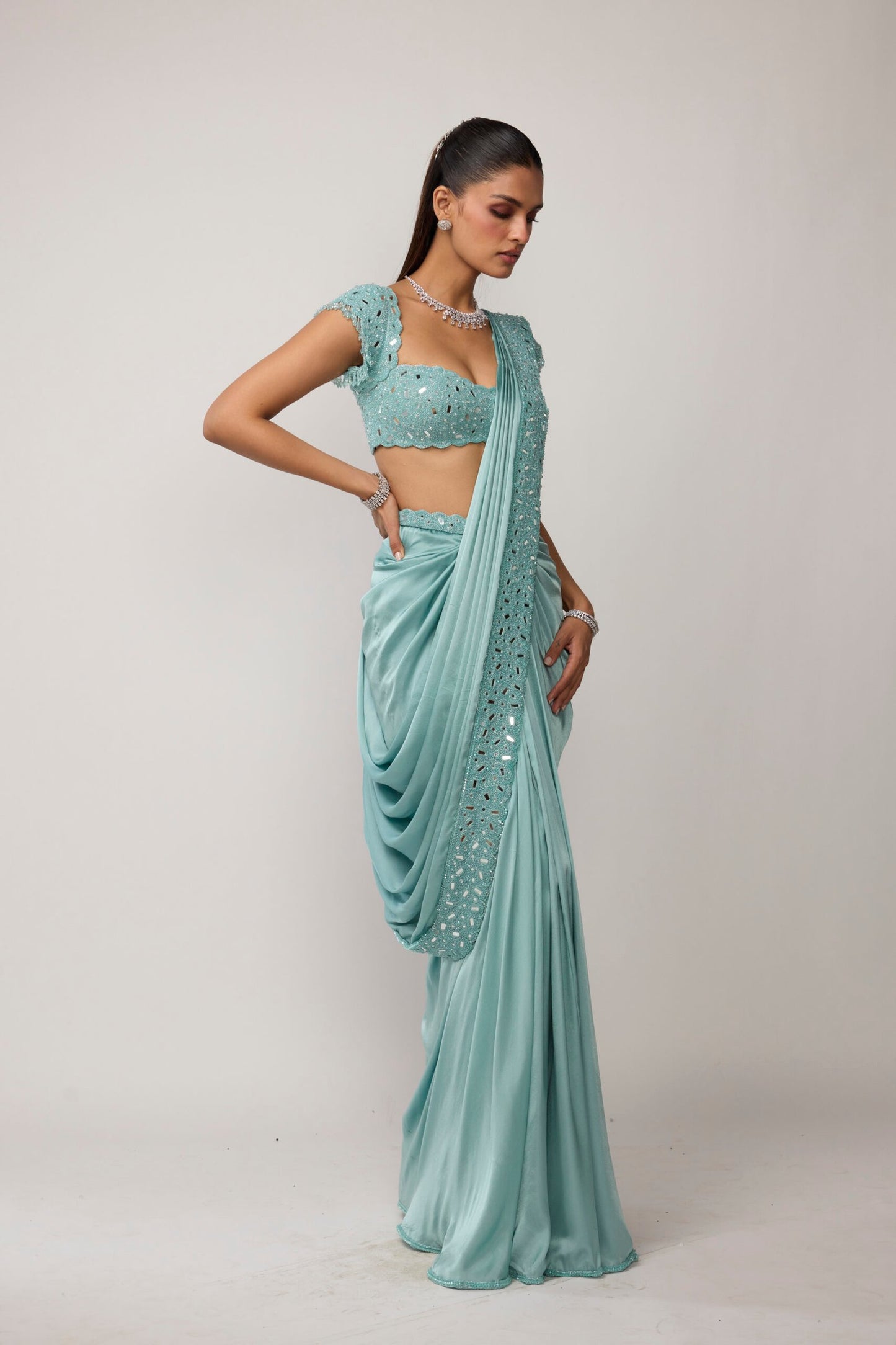 Powder Blue Draped Saree Set