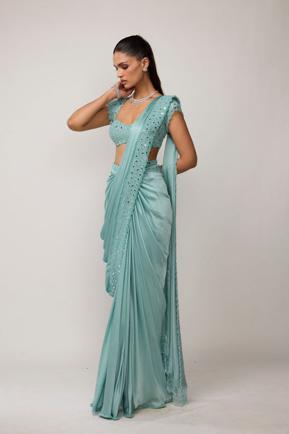 Powder Blue Draped Saree Set