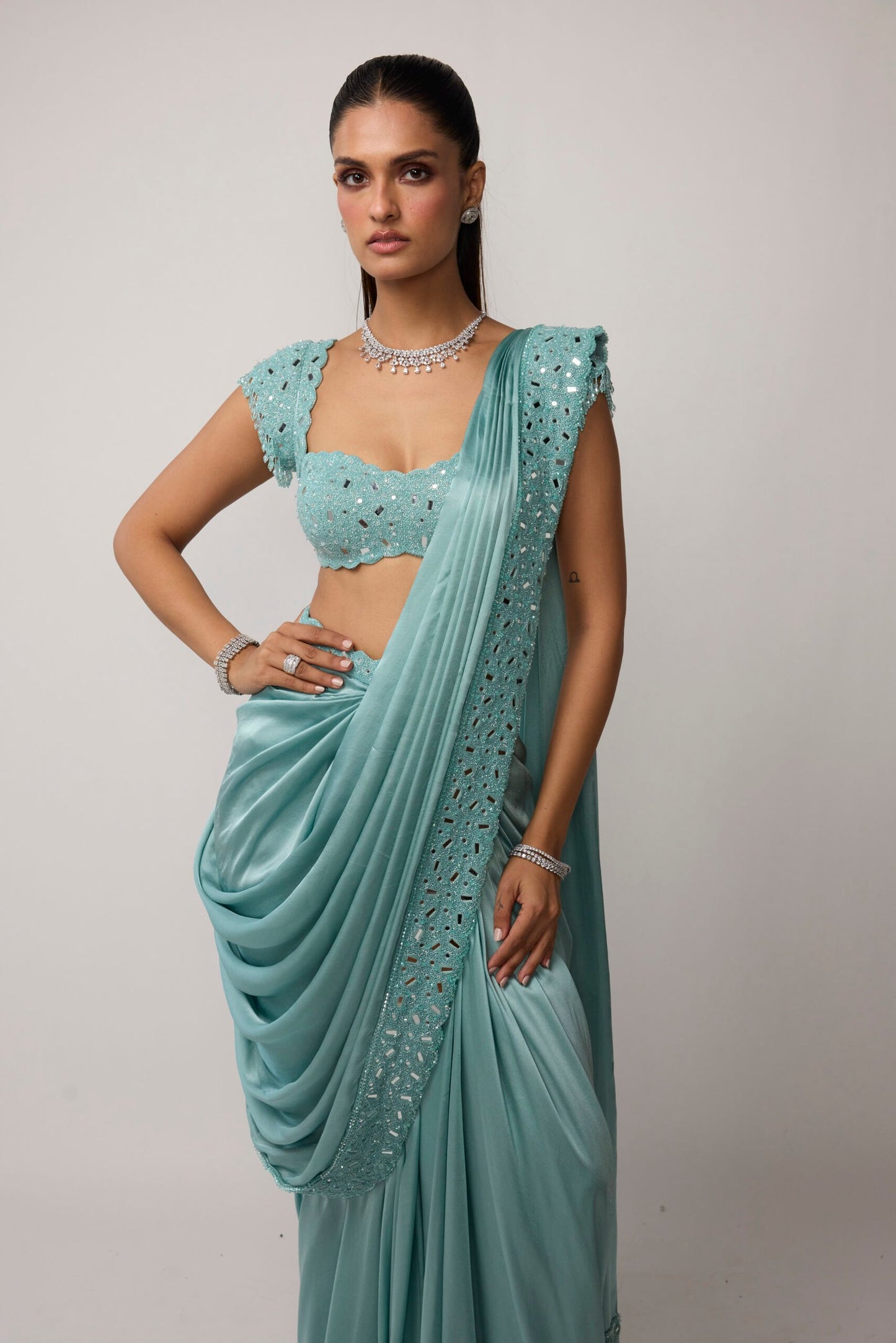 Powder Blue Draped Saree Set