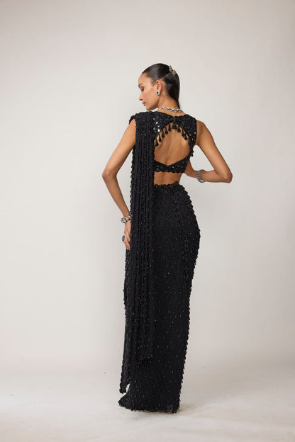 Black Single Drop V Neck Saree Set