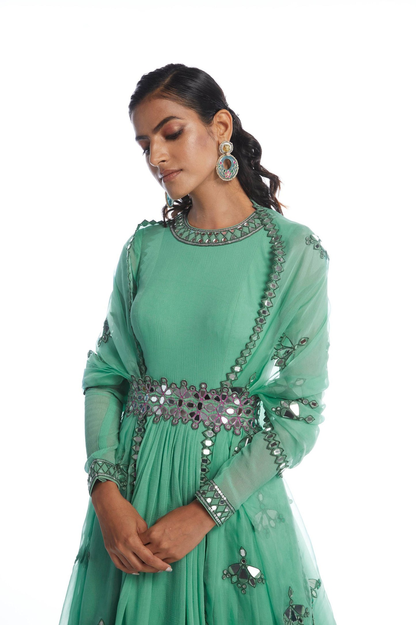 Dull Mint chiffon Anarkali set
