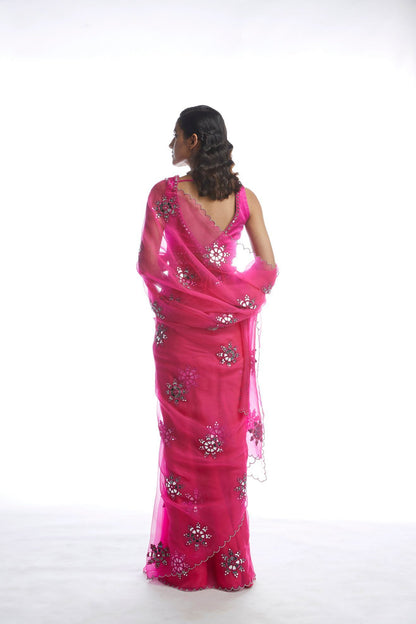 Peacock Pink Mirror Cut-work Saree