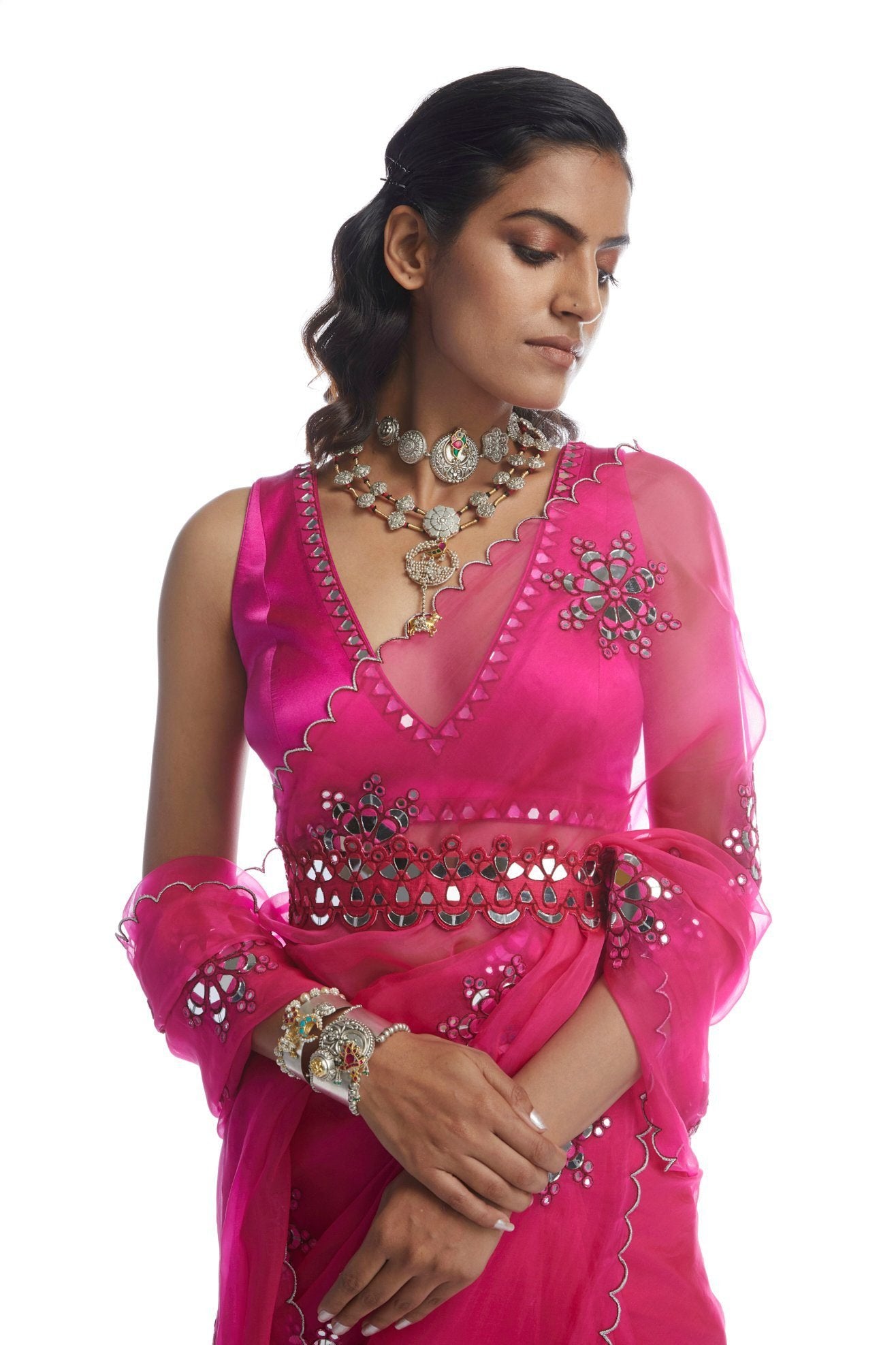 Peacock Pink Mirror Cut-work Saree