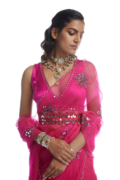 Peacock Pink Mirror Cut-work Saree