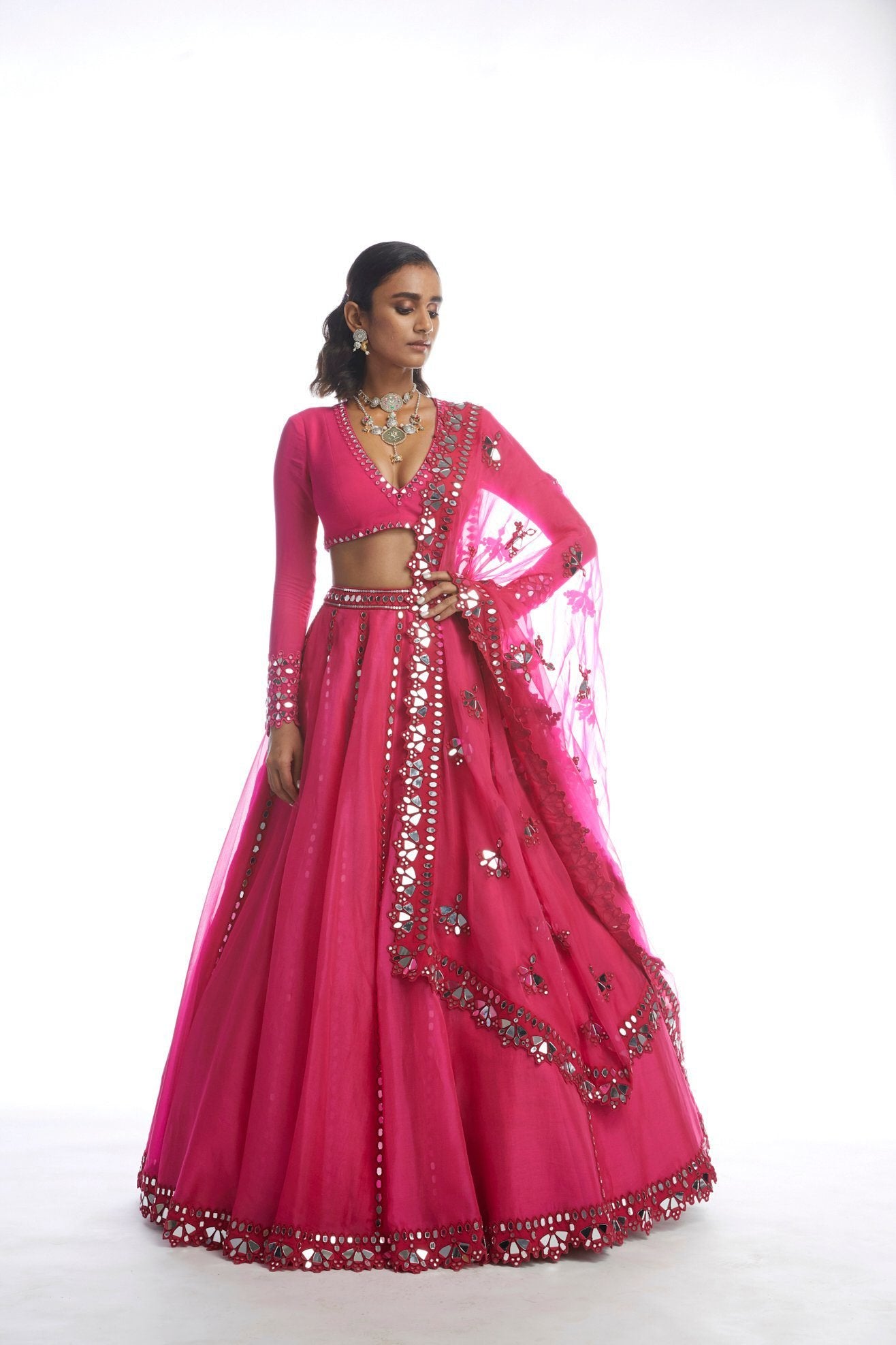 Peacock Pink Mirror Cut-work Lehenga set