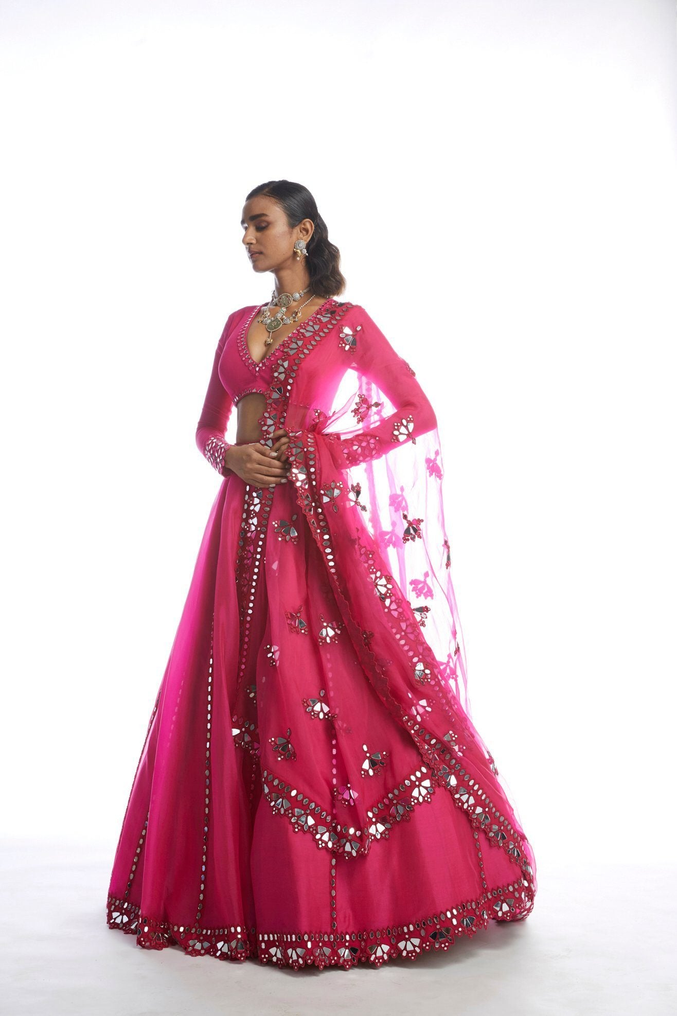 Peacock Pink Mirror Cut-work Lehenga set