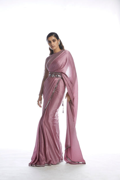 Old Rose Satin Chiffon Saree with Belt